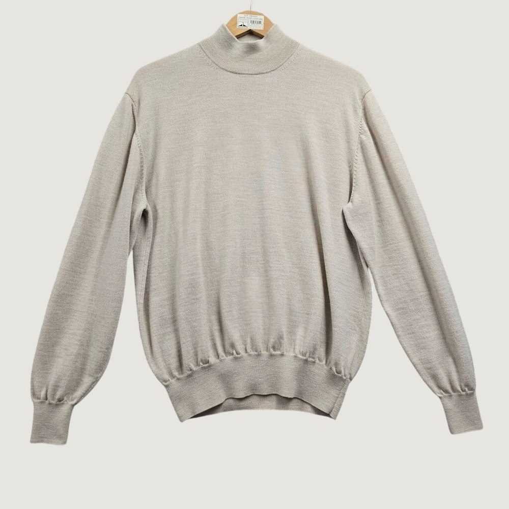 Alan Paine Mock Neck Sweater Mens 48 Beige Pure Merino Wool Classic Quiet Luxury
